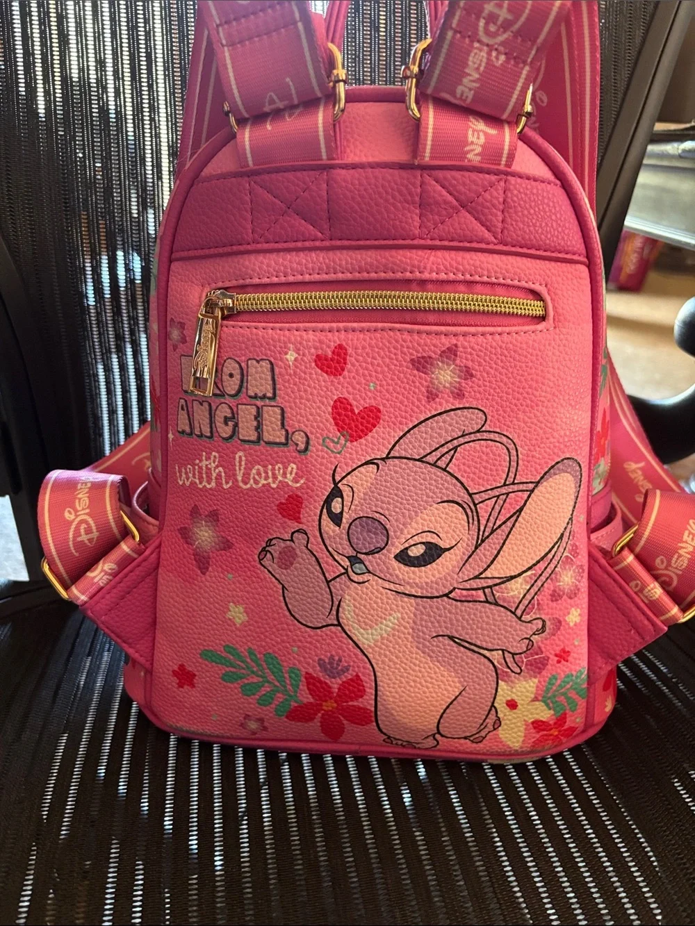 Disney Pink Stitch Floral Mini Backpack with Gold Accents
